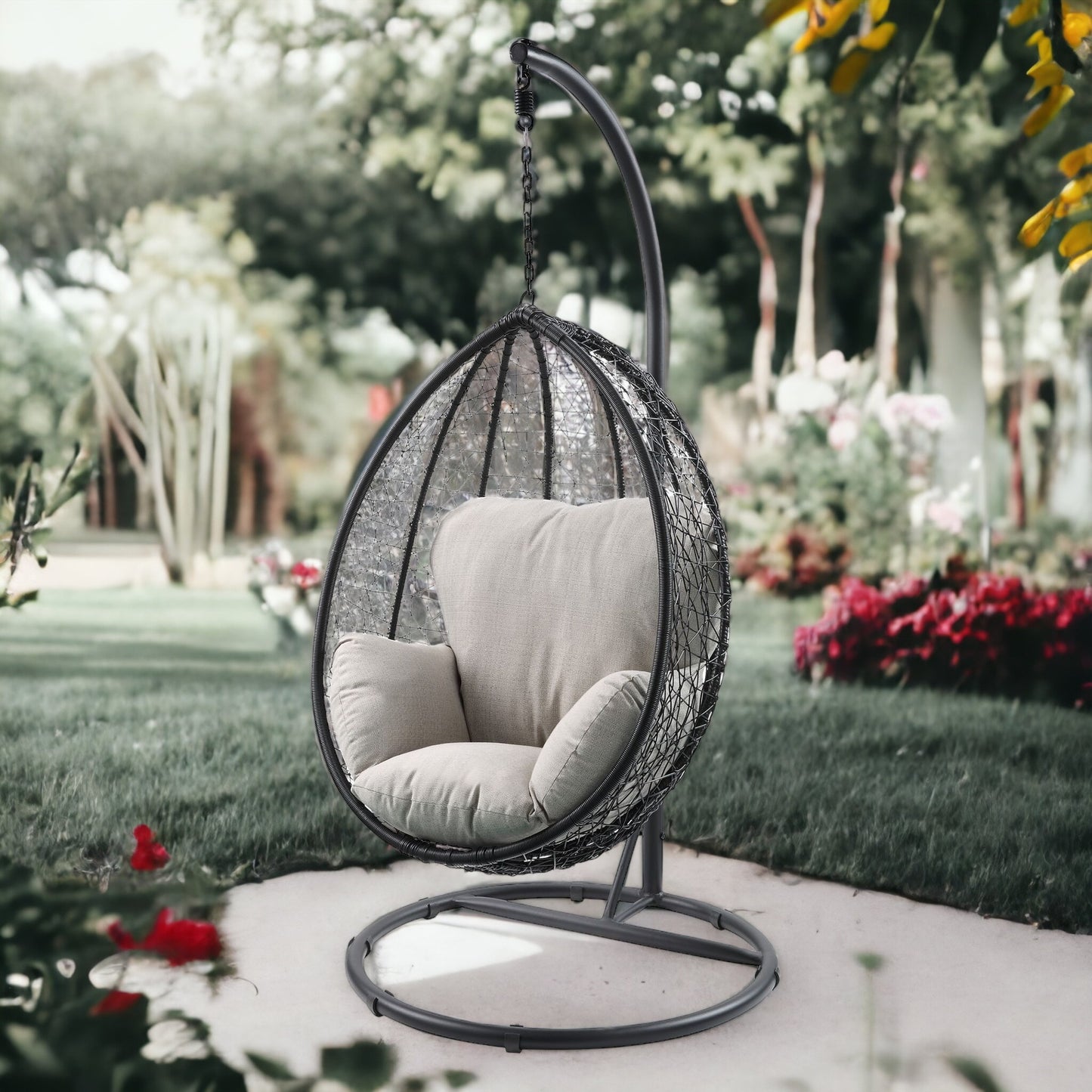 Ilish Black Metal Swing Chair With Beige Cushion