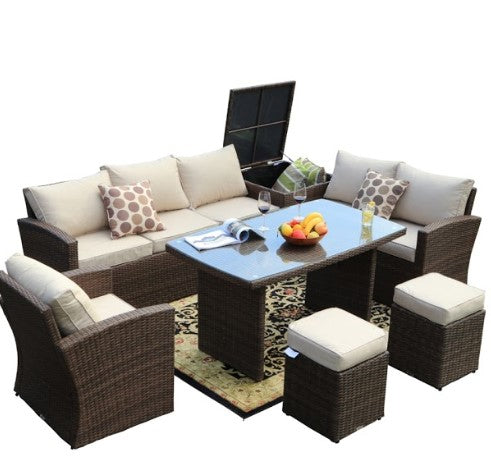 MR Brown 7 Piece Steel Outdoor Sectional Sofa Set With Ottomans and Storage Box