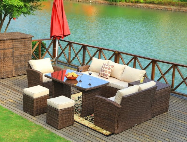 MR Brown 7 Piece Steel Outdoor Sectional Sofa Set With Ottomans and Storage Box