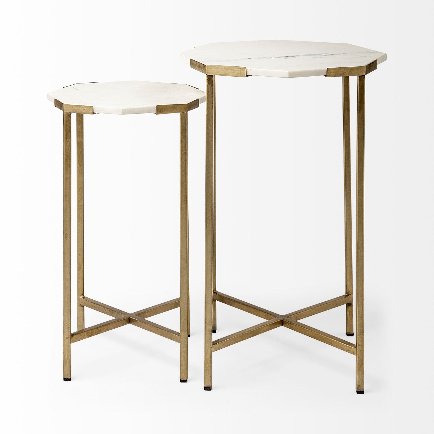 Mognolia Set Of 2 White Marble And Iron Hexagonal Top Side Tables