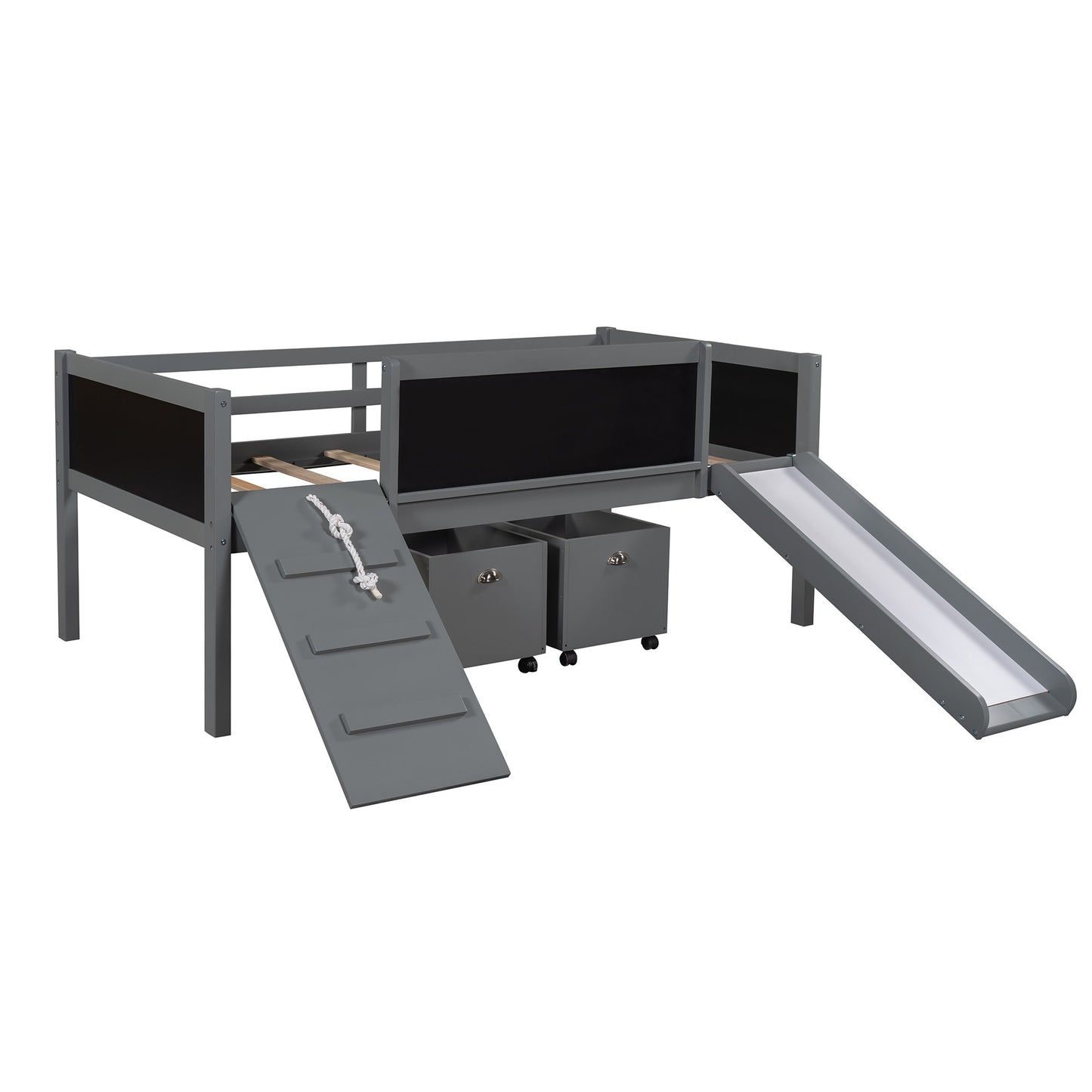 Halo Climbing Frame Gray Twin Size loft Bed with Slide And Storage Boxes