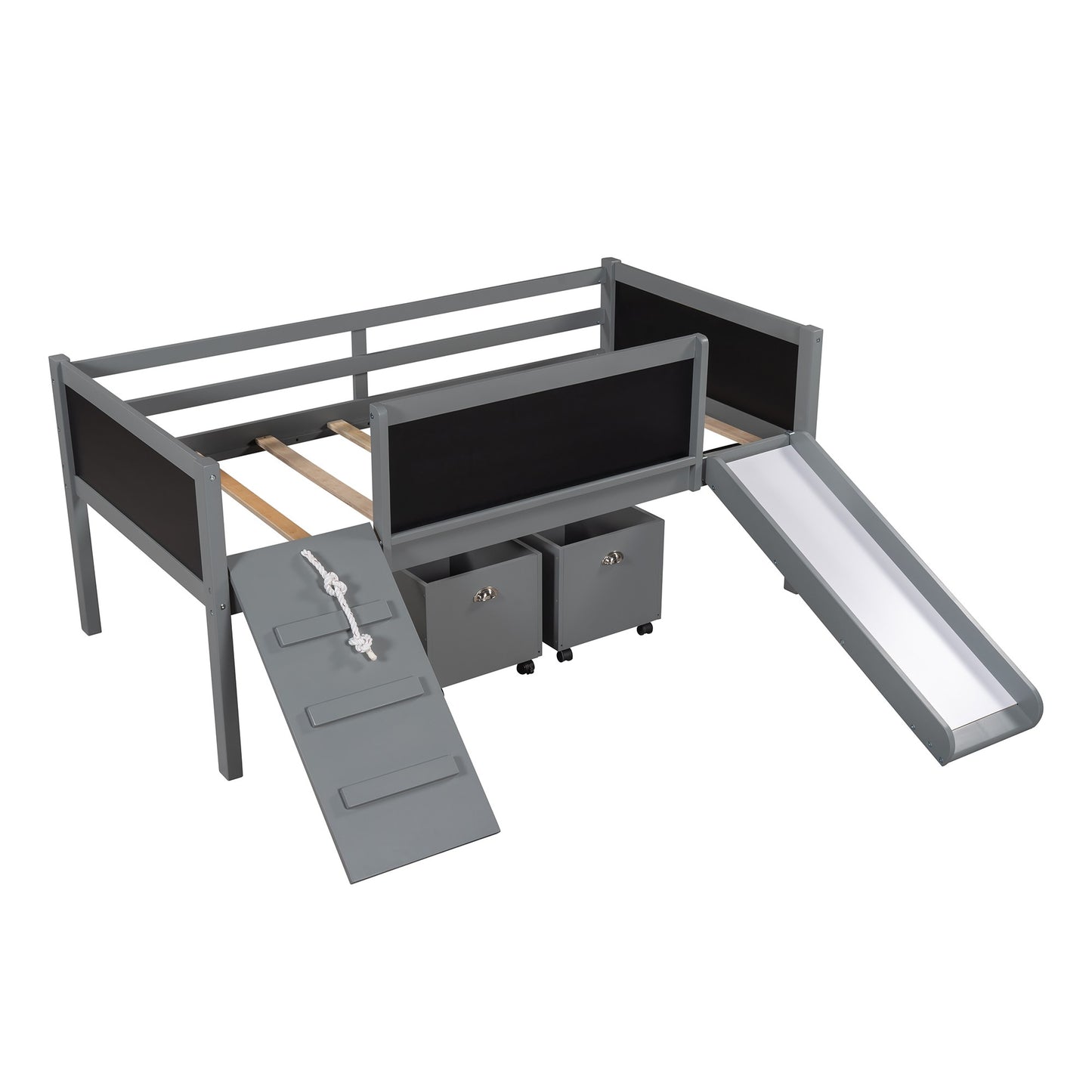 Halo Climbing Frame Gray Twin Size loft Bed with Slide And Storage Boxes