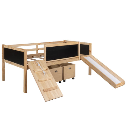 Rosalee Climbing Frame Natural Twin Size Loft Bed With Slide And Storage Boxes