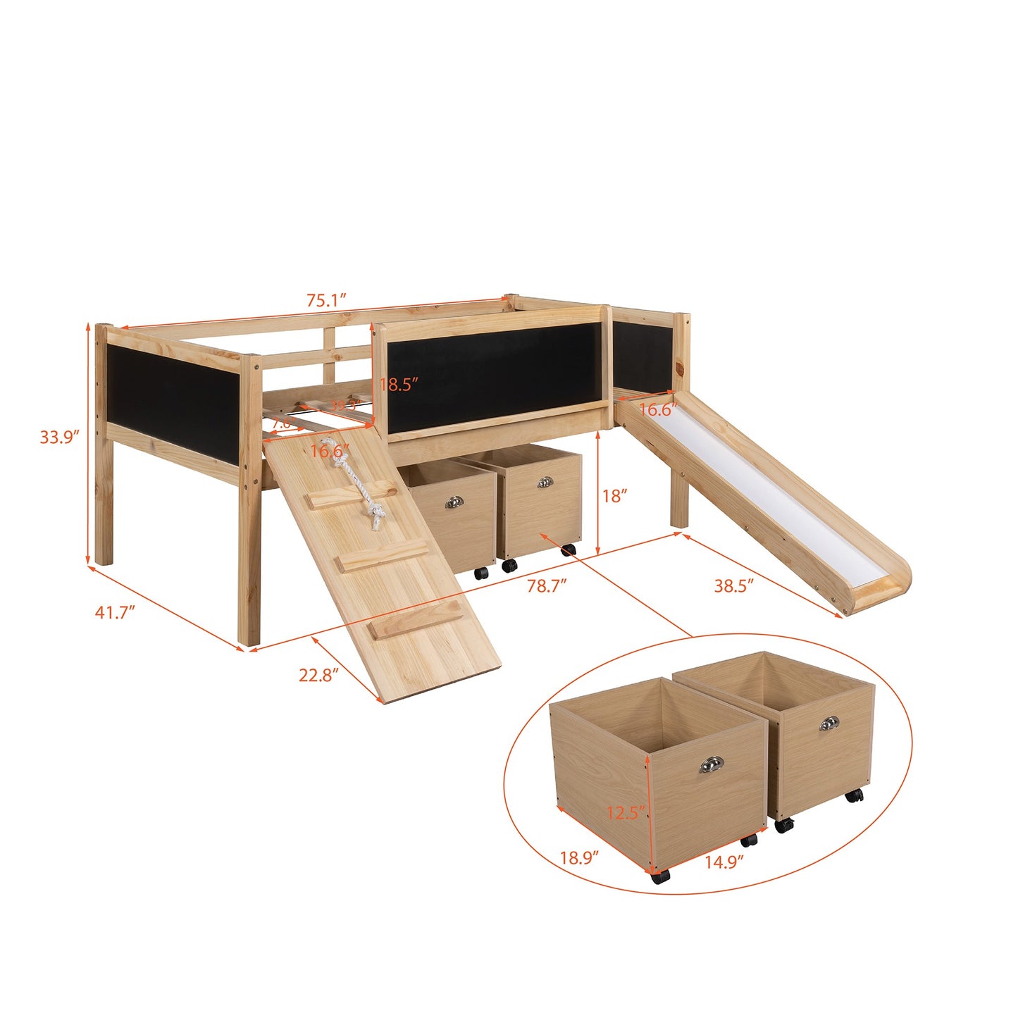 Rosalee Climbing Frame Natural Twin Size Loft Bed With Slide And Storage Boxes