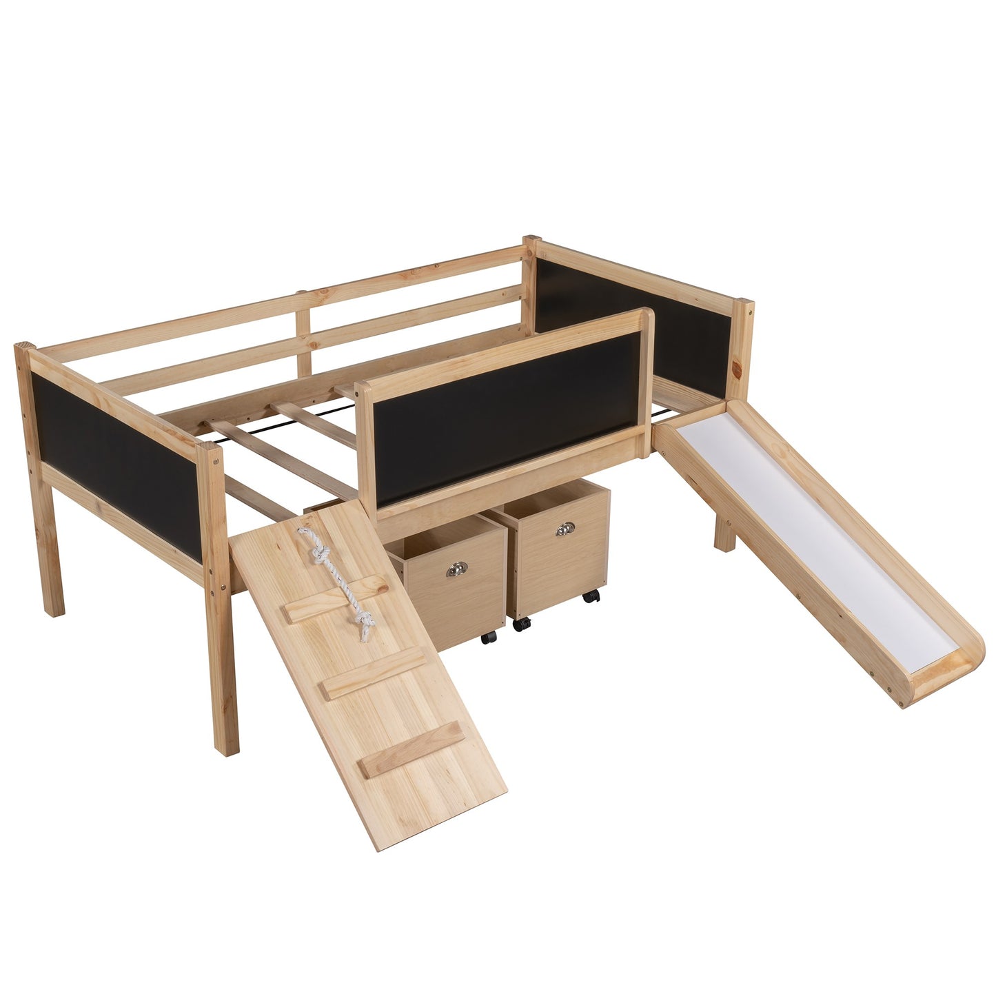 Rosalee Climbing Frame Natural Twin Size Loft Bed With Slide And Storage Boxes