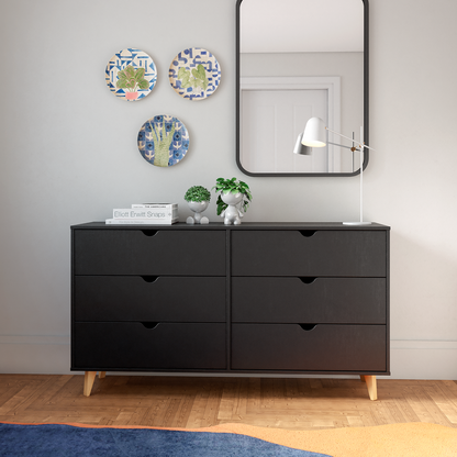 Remi Black Scoop Handle Six Drawer Double Dresser