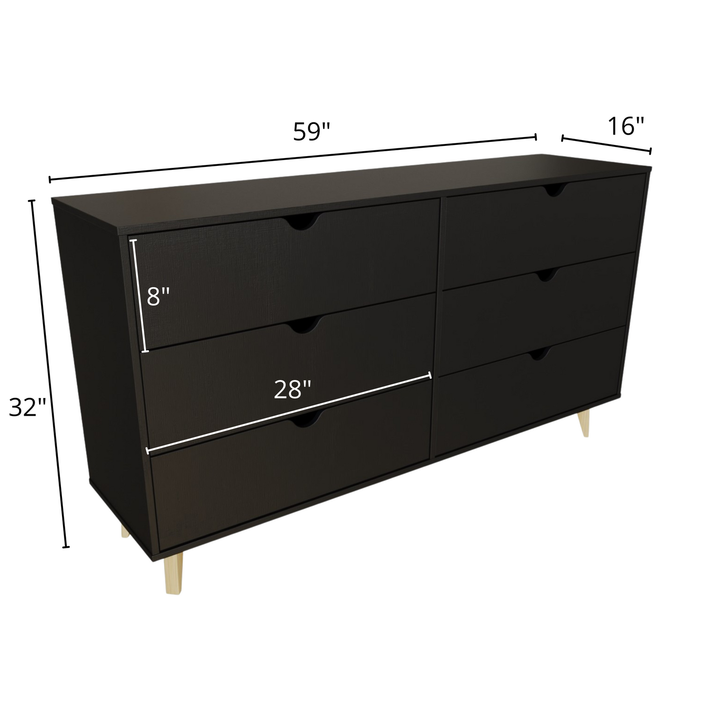 Remi Black Scoop Handle Six Drawer Double Dresser