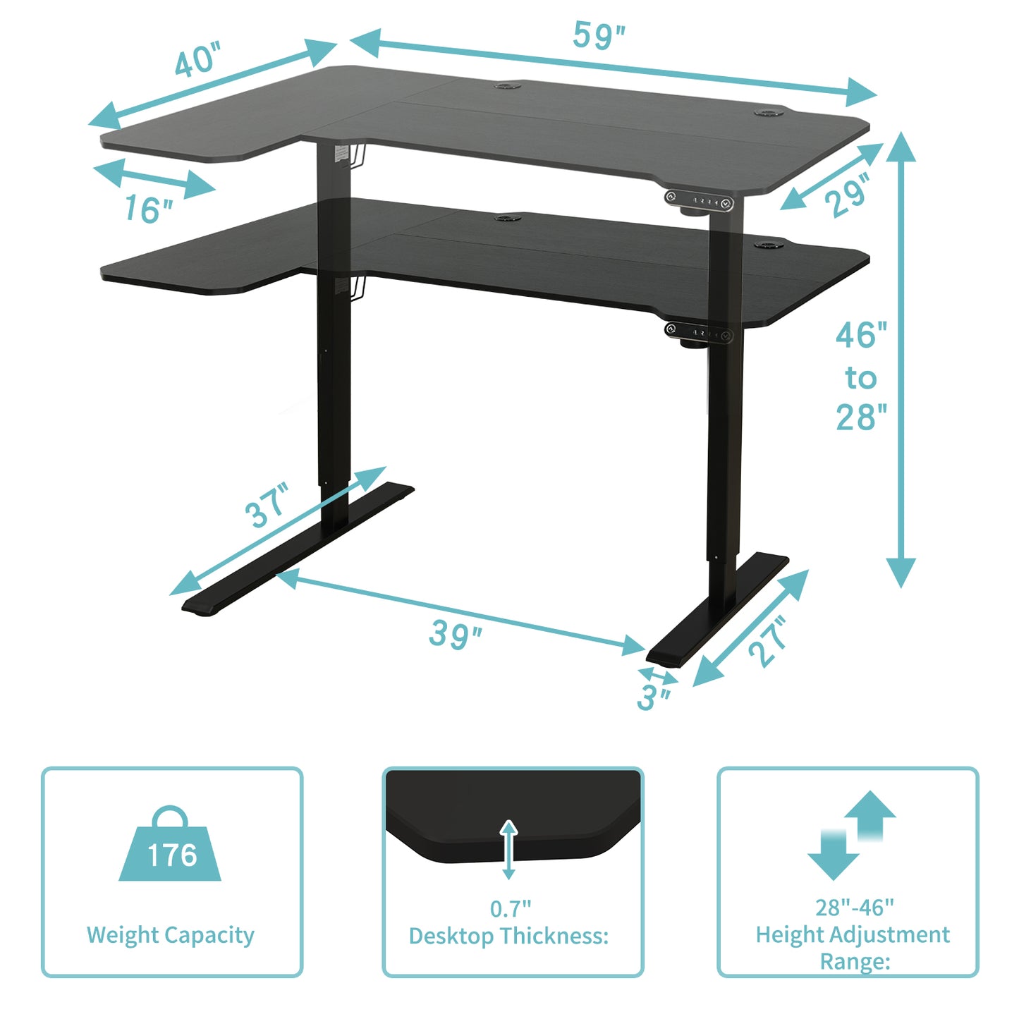 Edwin Adjustable Black L Shape Standing Desk